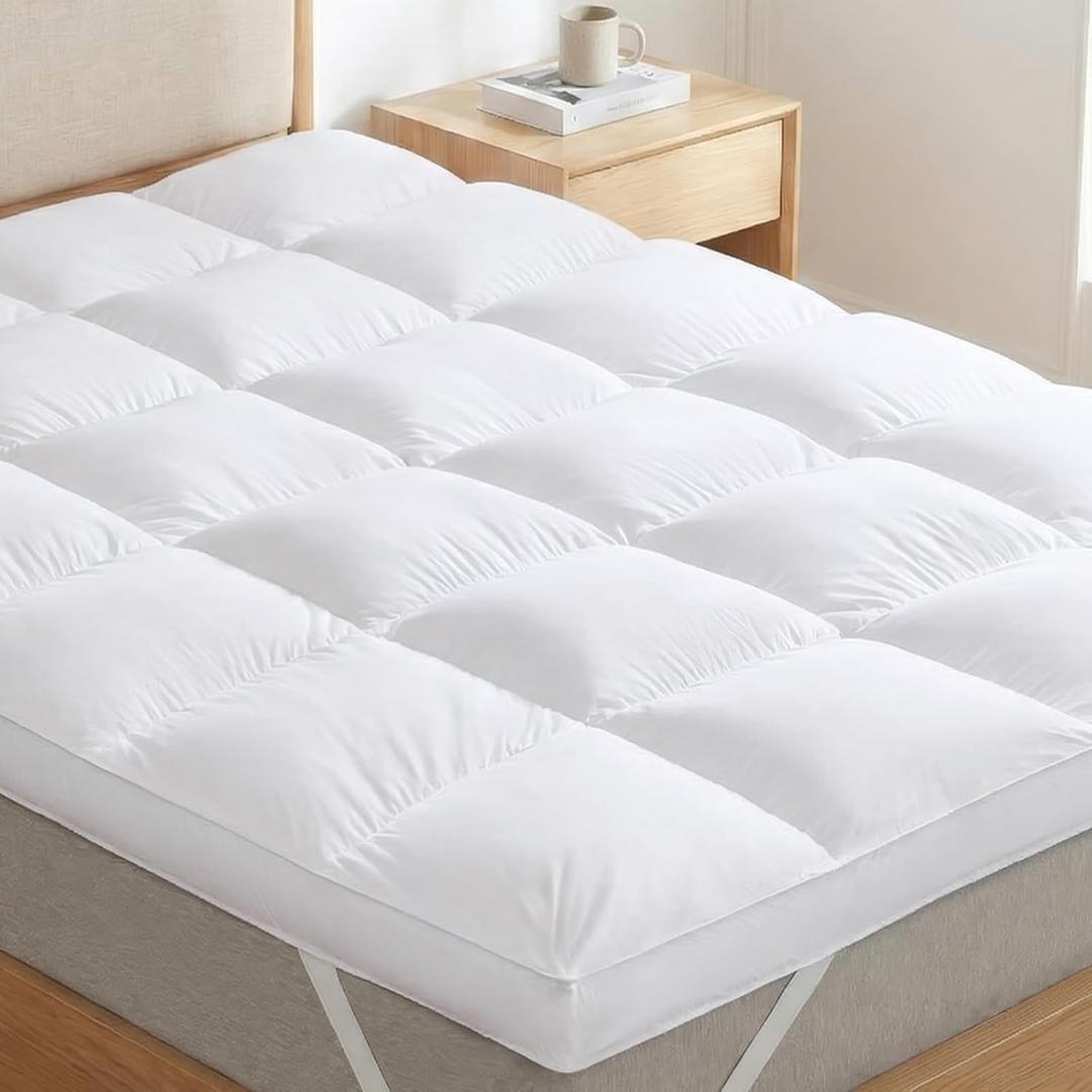 3 Inch Goose Feather Mattress Topper Full Size, Thick Featherbed with Adjustable Bands, Plush Soft Fluffy Baffled Pillowtop, 54x75 (White)