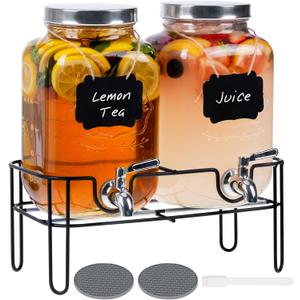 Bululuo Glass Drinks Dispenser for Parties, 2 PACK 1 Gallon Beverage Dispenser with Stand for Juice and Iced Tea, Water Jug Dispenser for Lemonade, Party Essential Beverage Pitcher with Spout