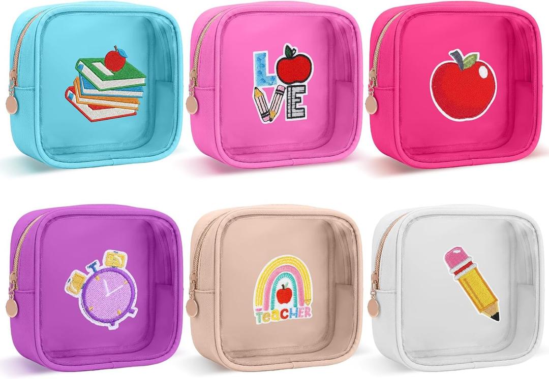Sanwuta 6pcs Mini Makeup Bag Teach Gift Teacher Appreciation Gift Clear Zipper Makeup Bags Nylon PVC Cosmetic Travel Pouch Portable Storage Car Essentials for Women Teacher Retirement Graduation