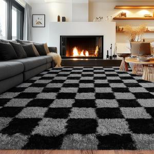 Rezutan Extra Large Fluffy Area Rug for Bedroom Living Room, Checkered 9x12 Feet Modern Indoor Carpets Room Black Grey Rugs, Plush Indoor Nursery Classroom Home Decor Rug with Non-Slip Bottom