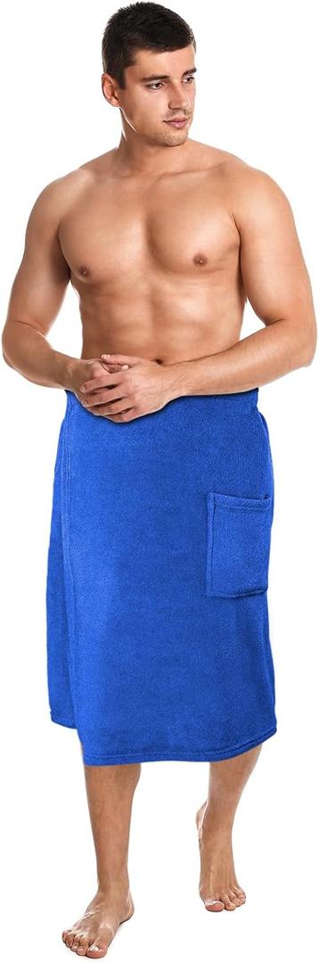 Tudomro 1 Pcs Men's Bath Wrap Towel X-Large Shower Adjustable Terry Body Spa Towel with Pocket After Shower Wrap for Men Gift Spa College Bath Dorm Room Gym (Bright Blue)