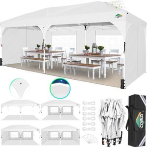 COBIZI 10x20 Pop up Canopy Tent with 4 Sidewalls Outdoor Canopy Tent for Party with Push Center Lock & Air Vent, 2000mm+Waterproof Gazebo Canopy UPF 50+with 4 Sandbags,12 Stakes & 6 Ropes,White