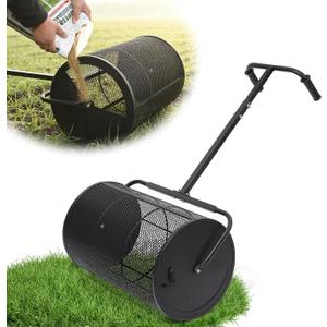 Compost Spreader 24in Peat Moss Spreader - U Shaped Comfortable Handle & Adjustable Height Powder-Coated Metal Mesh Hand Fertilizer Spreader for Garden Yard Lawn Care (Matte Black)