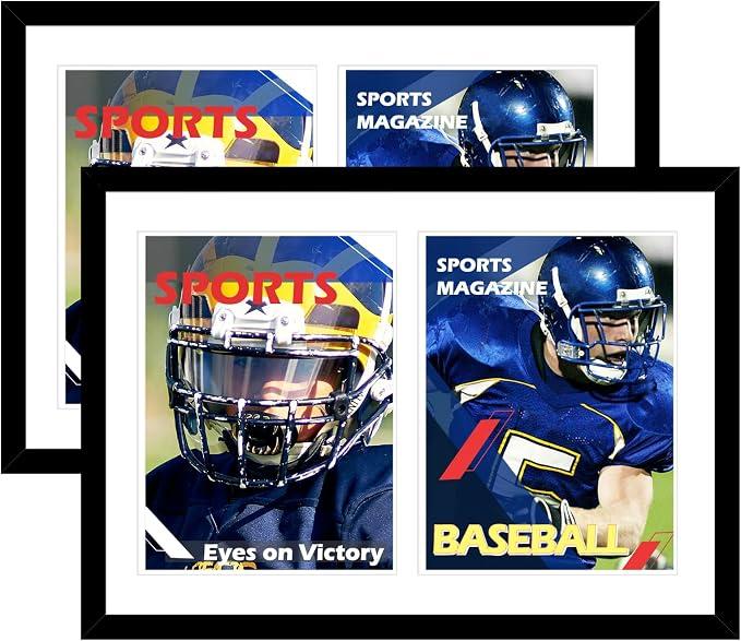 2 Pack 14x20 Double Sports Magazine Frame Display Two 8.5 x 11.25 or 8.25 x 11 Magazines with 2 Sizes Mat, or 14x20 Photos without Mat, Magazine Display Frame with Plexiglass for Wall Hanging, Black