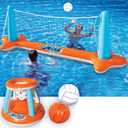 JOYIN Inflatable Pool Float Set Volleyball Net & Basketball Hoops, Floating Swimming Game Toy for Kids and Adults, Summer Floaties, Volleyball Court (105x28x38)|Basketball (27.6x23),L-Orange