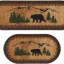 2 Pcs Bear Non Skid Rug Rustic Lodge Theme Area Rug with Bear and Cub Scene Cabin Rug Bear Farmhouse Rug Winter Kitchen Cabin Rug Christmas Bear Decor for Home Bathroom Bedroom Living Room