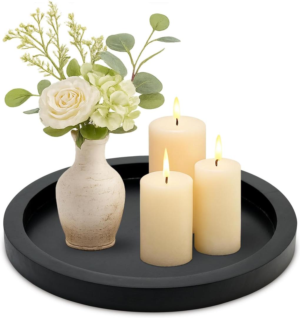 Round Decorative Tray for Coffee Dining Table Countertop Small Wooden Serving Trays Farmhouse Kitchen Home Living Room Decor and Bathroom Accessories Tray Black Rustic Wood Candle Centerpiece Trays (11")