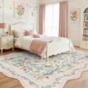 7x9 Pink Rug for Living Room, Scalloped Floral Rug for Girls Dorm, Washable Rugs Soft Low Pile Non Slip Rugs for Nursery College Bedroom Decor Kids Room Playroom