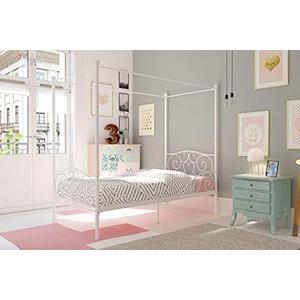 DHP Metal Canopy Kids Platform Bed with Four Poster Design, Scrollwork Headboard and Footboard, Underbed Storage Space, No Box Sring Needed, Twin, White