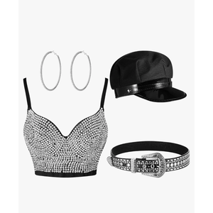 4 Pcs Rhinestone Bustier Top Costume Women's Push up Crop Top Diamond Belt Chauffeur Hat Earrings Hoop size M