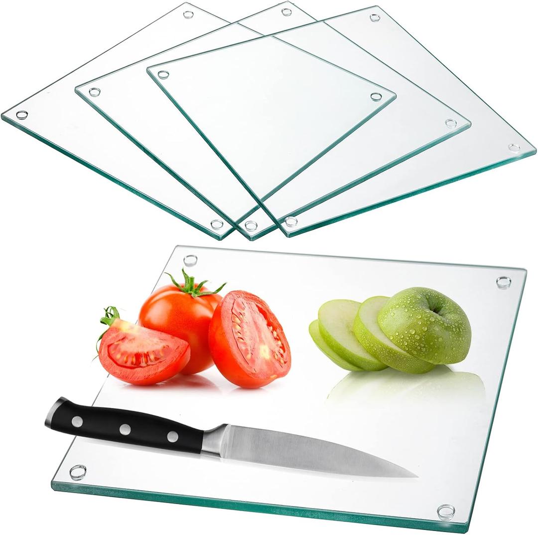Hacaroa Set of 4 Tempered Glass Cutting Board, 10"x10" Small Square Chopping Board with Rubber Feet, Non-slip Placemat Tray for Kitchen Countertop, Shatter-Resistant, Clear
