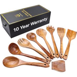 Wooden Kitchen Utensil Set, 9-Piece Teak Wood Kitchen Spoons for Cooking- Durable, Comfortable Grip, Non-Stick, Heat Resistant, Non-Scratch Kitchen Utensils-Perfect Cooking Gift
