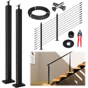 Muzata 5-10FT Modular Black Cable Railing Kit 36 Inch 2 Stair Post Kit Complete Set Cable Railing System for Stairs Length Adjustable Easy DIY with Paper User Guide (No Handrail) RWS1 BA4S