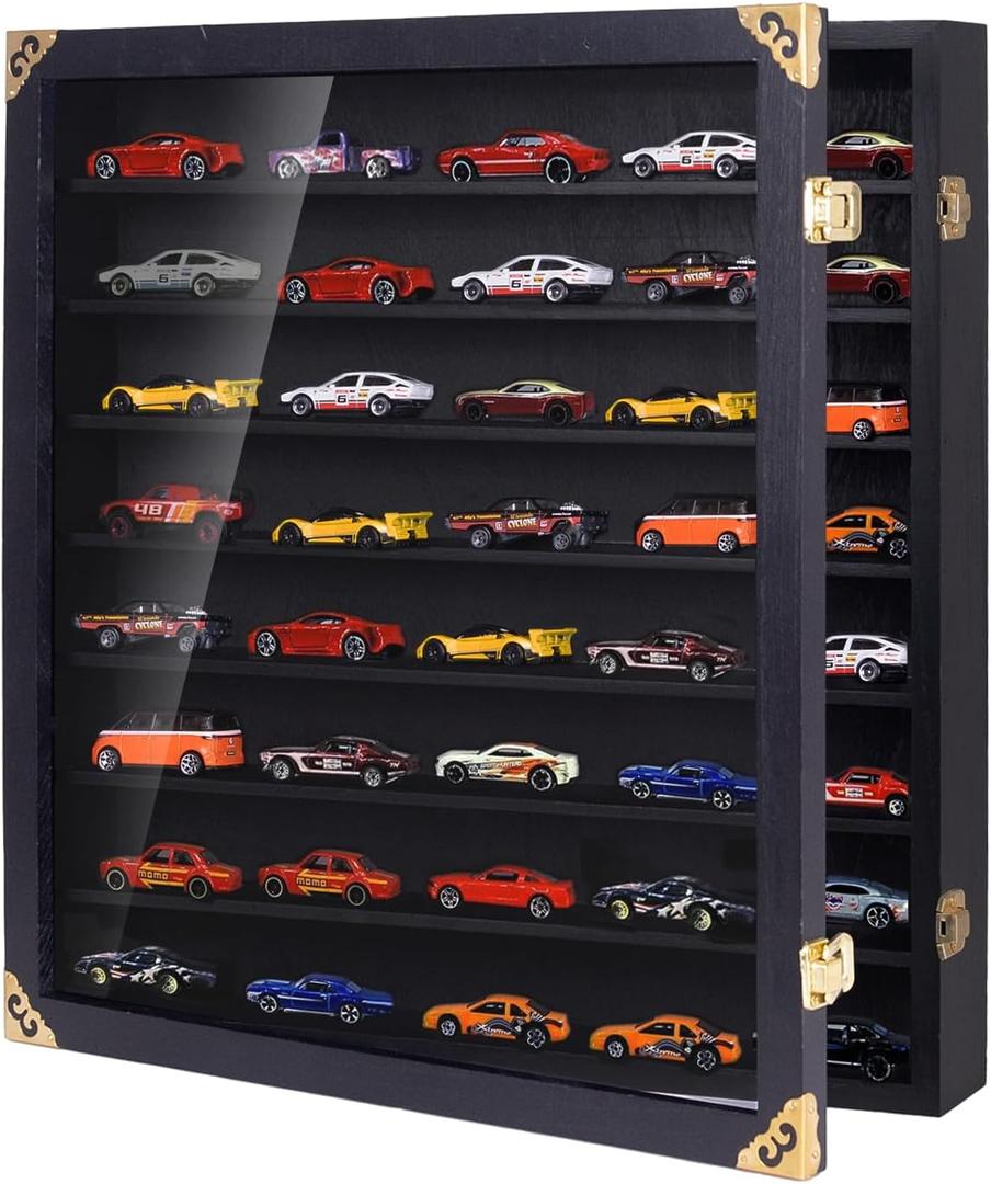 Giant Model Car Display Case with Wall Mounts,Display up to 80 Cars ,Model Hot Toy Cars Storage Organizer, 15.7 x 2.75 x 16.7 Inches, UV Protection Acrylic Glass Door, Gold Lock, Black