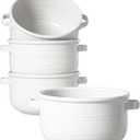 LE TAUCI Soup Bowls with Handles - 28 oz Lead-Free Ceramic French Onion Crocks, Oven and Microwave Safe, Heat-Resistant Design, Stackable, Dishwasher Safe, Set of 4, White