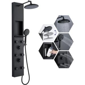 ROVATE Shower Panel Tower System with Shelf & 6 Body Jets, Matte Black