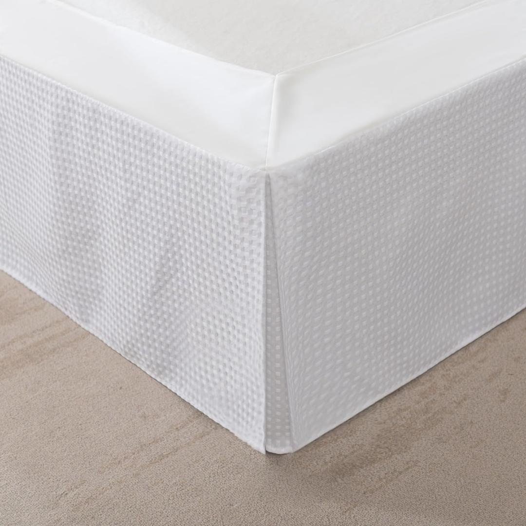 Queen Bed Skirt, Wrap Around Bed Skirt with Pleated Corner, 14 Inch Drop Pleated Waffle Weave Bedskirts, Anti-Slip, Microfiber, White, 14'' Queen