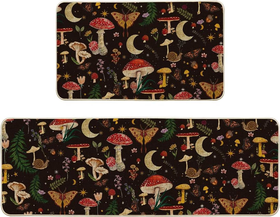 Artoid Mode Black Mushrooms Butterfly Spring Kitchen Mats Set of 2, Home Decor Low-Profile Kitchen Rugs for Floor - 17x29 and 17x47 Inch (17" x 29" /17" x 47", Black)