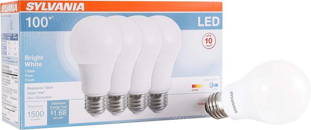 SYLVANIA LED Light Bulb, 100W Equivalent A19, Efficient 14W, Frosted Finish, 1500 Lumens, Bright White - Pack of 4 (78102) SYLVANIA LED Light Bulb, 100W Equivalent A19, Efficient 14W, Frosted Finish, 1500 Lumens, Bright White - Pack of 4 (78102)