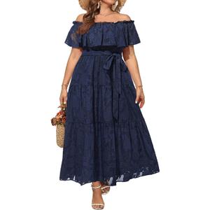 Plus Size Chiffon Off The Shoulder Maxi Long Floral Summer Casual Beach Boho Sundress Women 2024, Size 20W, Navy Blue,