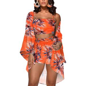 KEYUFANG Women 3 Piece Vocation Outfits Summer Suit Floral Kimono Cardigans Beach Cover Up Crop Cami Top Short Set (Small, Orange)