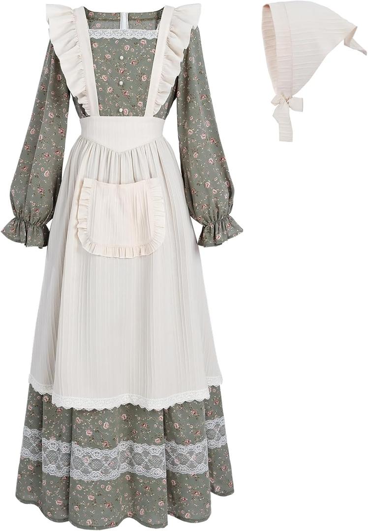 FCCAM Prairie Dress Women Floral Colonial Costume Women with Pioneer Apron 1800s American Historical Dress (Small, Green)