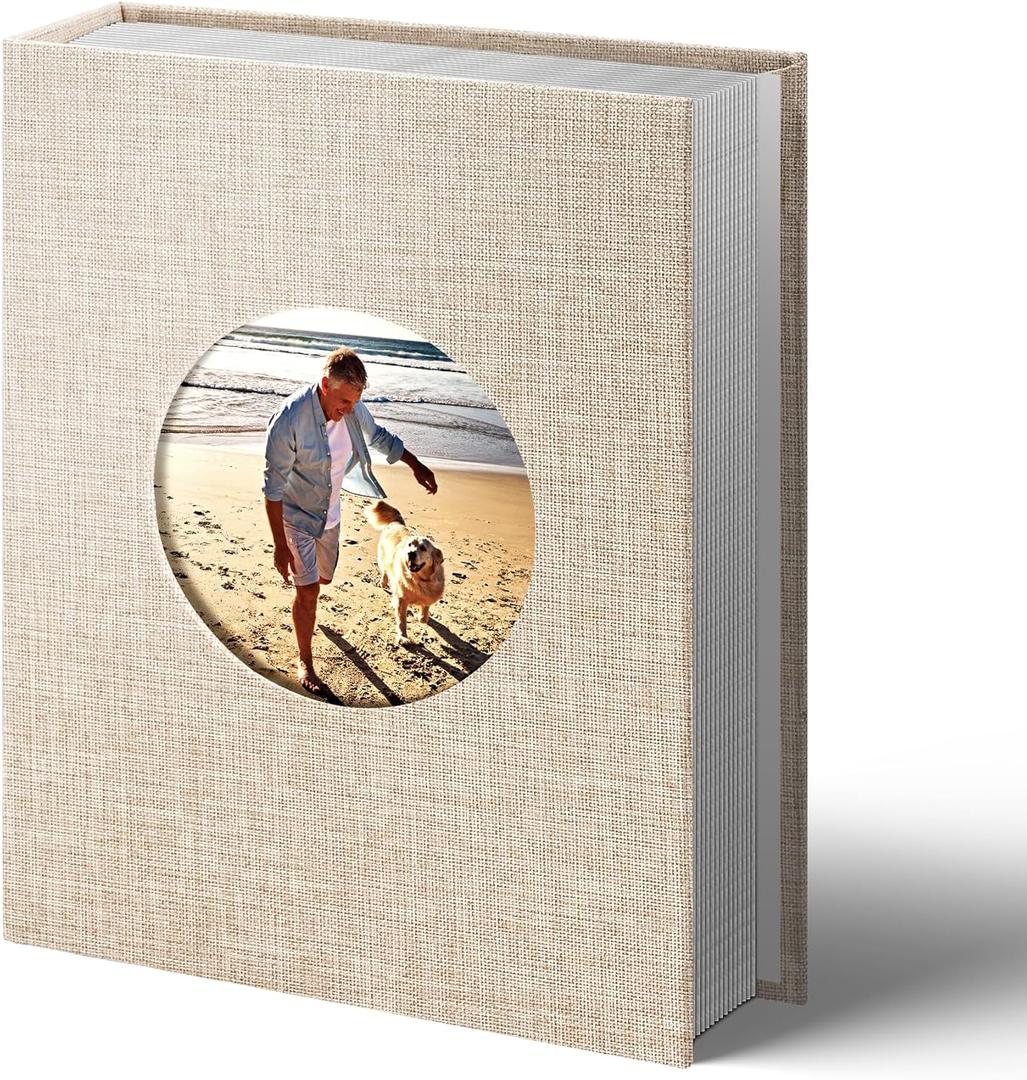 Vienrose Photo Album 4x6 Photos 100 Pockets Linen Cover Slip-in Photo Book with Round Window for Wedding Vacation, Beige