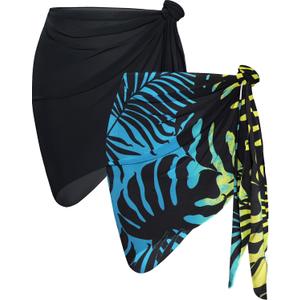 CHICGAL 2 Pieces Women Beach Sarong Bathing Suit Wrap Skirt Sheer Bikini Swimsuit Cover Ups for Swimwear (Black and Yellow Blue Leaf)