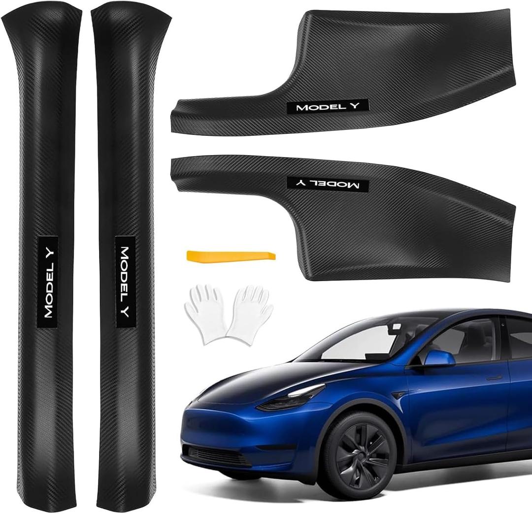 4 Pcs Door Sill Protector for Tesla Model Y 2019-2024 5 Seater - Carbon Fiber Scuff Plate Guards with Installation Kit Front & Rear Pedal Kick Protection Fit for Tesla Model Y Accessories