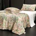 Cyusri Floral Print Cooling Comforter Set 3Pcs Breathable Cool Queen Size Bedding Set with 2 Pillowcases Green Pink Flowers Pattern Silky Cold Quilt, 90"x90"