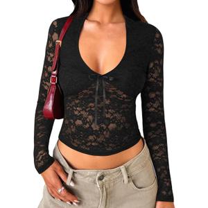 Womens Long Sleeve Going Out Tops Lace V Neck Mesh Crop Shirts Sexy Cute Y2K Fall Trendy Outfits 2026 (Medium, Black)