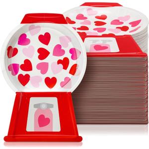 Vesici 48pcs Valentine's Day Gumball Machine Plates Red Pink Love Heart Paper Plates Disposable Dinner Dessert Tableware Party Supplies for Valentines Wedding Anniversary Decorations, 7.25x10.75 Inch