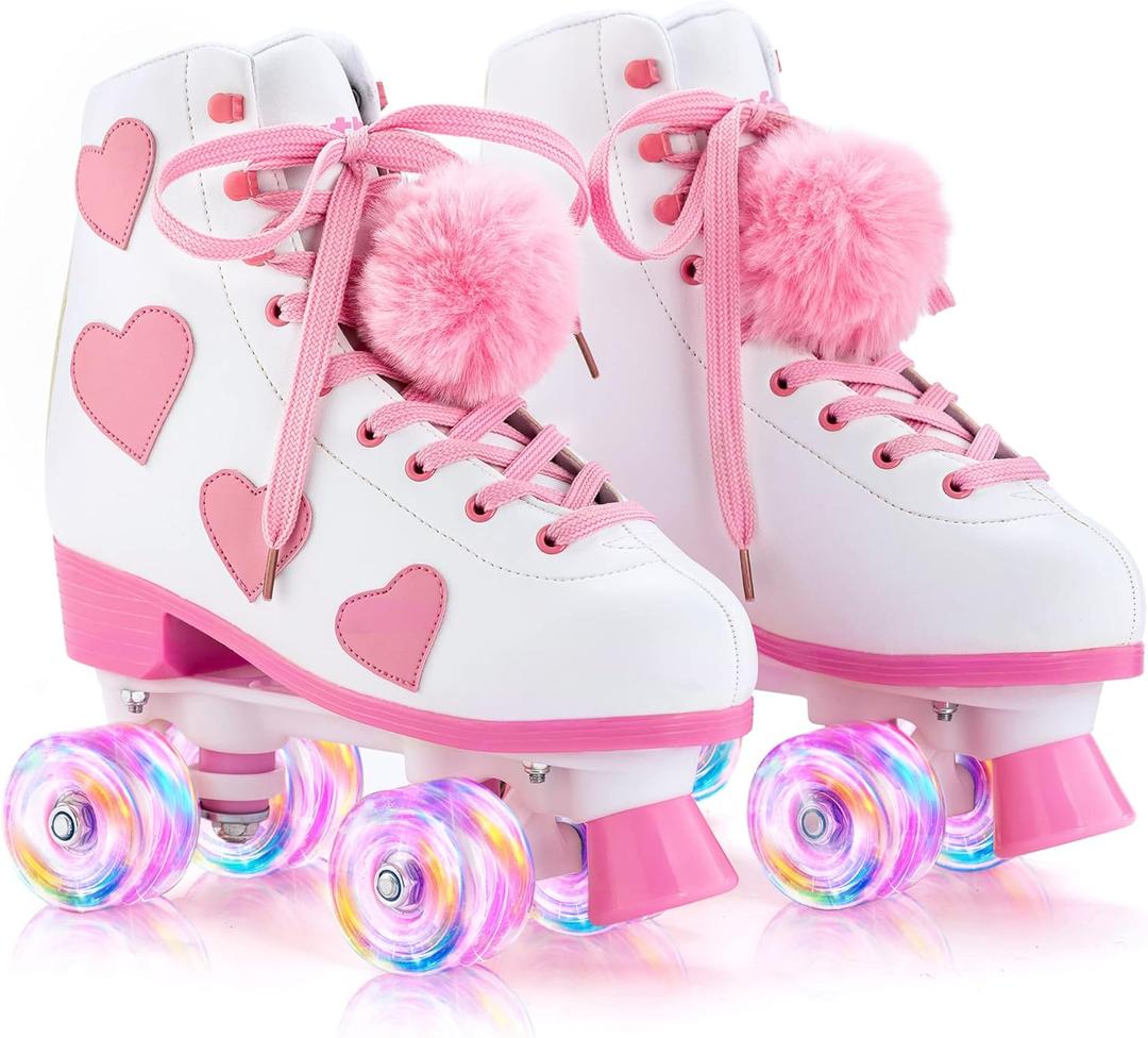 Women's and Girl's Classic Roller Skates with Light up Wheels and Love Heart Pattern, High-top PU Leather Rollerskates (WHITE)