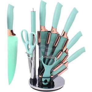 Knife Set, 9Pieces Stainless Steel Non Stick Kitchen Knife Block Set, Sharp Cutlery Knives Set with Sharpener Knives Set with Rotatable Storage Stand Scissors (Teal)
