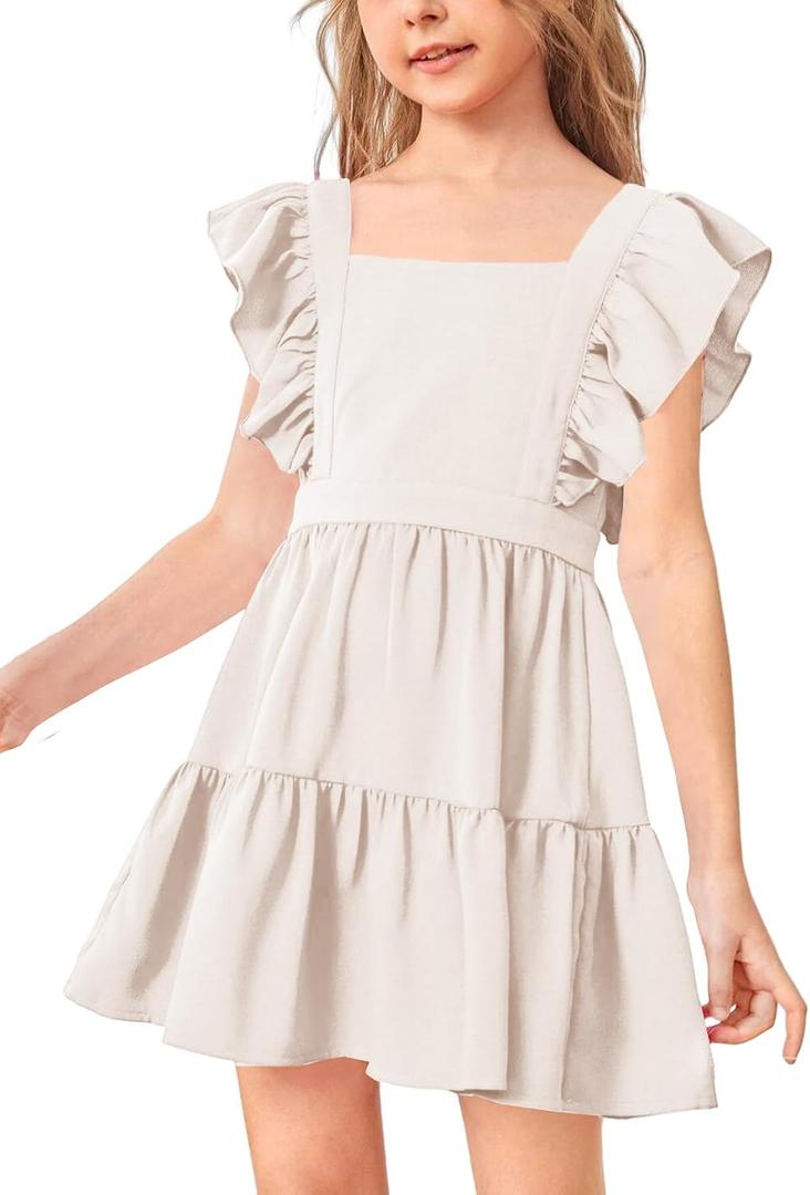 Imily Bela Girls Square Neck Summer Dress Ruffle Sleeve A-line Swing Casual Party Mini Dresses 5-14 Years
