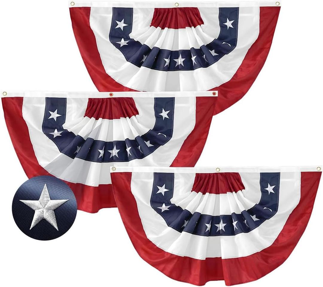 3Pack Pleated Fan Flag, 2x4 Feet Bunting Decoration Flags Embroidered Patriotic Stars & Sewn Stripes Canvas Header Brass Grommets