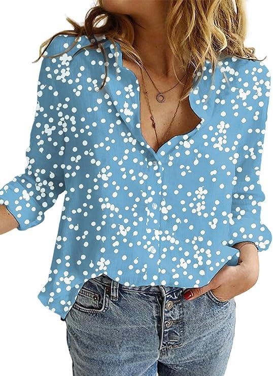 Dokotoo Women's Casual V Neck Alicia Floral Print Roll Up Long Sleeve Chiffon Button Down Blouses Bohemian Top Shirts, Size S