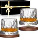 BOLESTA Whiskey Glasses Set of 2, Rotatable Tumbler Crystal Glass Cups, Drinking Glasses with 2Pcs Creative Walnut Coasters and Gift Box - for Scotch,Bourbon,Cocktails
