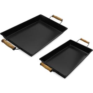 AuldHome Design Enamelware Rustic Trays (Set of 2, Small & Medium, Black); Farmhouse Decor Rectangular Trays w/Handles