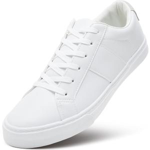 ZGR Men's Synthetic Leather White Sneakers,Low Top White Tennis Shoes,Lace up Casual Shoes, White, Size 13