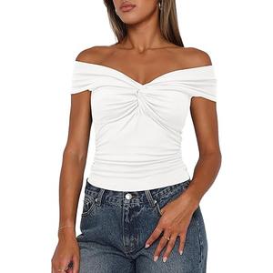 Darong Women Summer Twist Knot Front Off The Shoulder Tank Tops Cap Sleeve Going Out Shirts Slim Fitted Y2K Outfits, Small, White