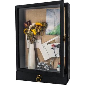 Deep Shadow Box Frame 11x16 with Drawer and Soft Line Back, Display Case Memory Box Real Glass for Keepsakes Collections, Medals, Bouquet Wall or Tabletop Black