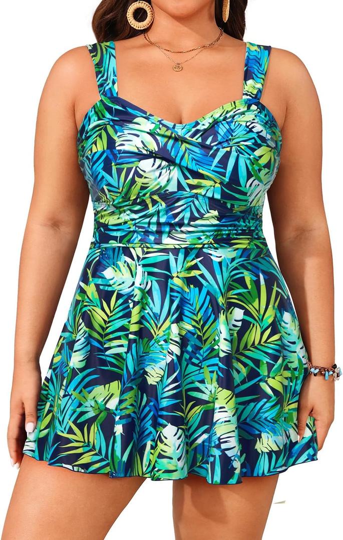 Aqua Eve Plus Size Two Piece Swimsuits for Women Tankini Bathing Suits Flowy Swim Dress with Shorts Blue and Green Leaves, 22W