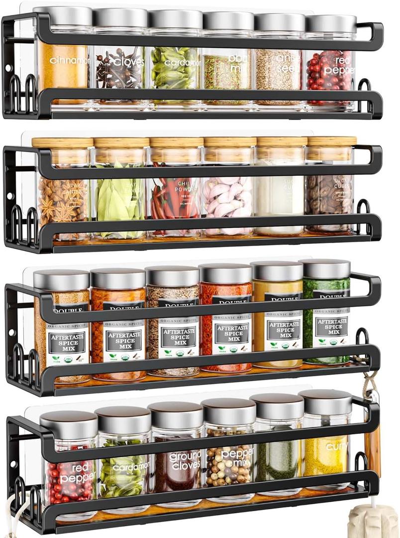 Doakhirmit 4 Pack Wall Mount Spice Rack with 16 Hooks,Hanging Spice Rack Organizer for Stove Cabinet Pantry Door, Screw or Adhesive Wooden Spice Shelf for Kitchen and RV Camper, Black