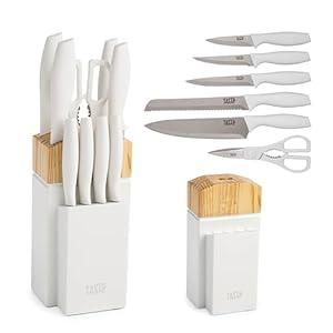 Tasty Kitchen Knife Set with Block, Cutlery Set includes Chef, Bread, Utility, Paring, Steak Knives & Shears, 10-Piece, White