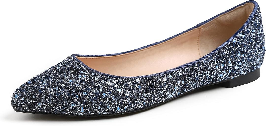 FEVERSOLE Women's Sparkle Memory Foam Cushioned Colorful Shiny Ballet Flats Glitter Night Blue Pointed Size 8 M US