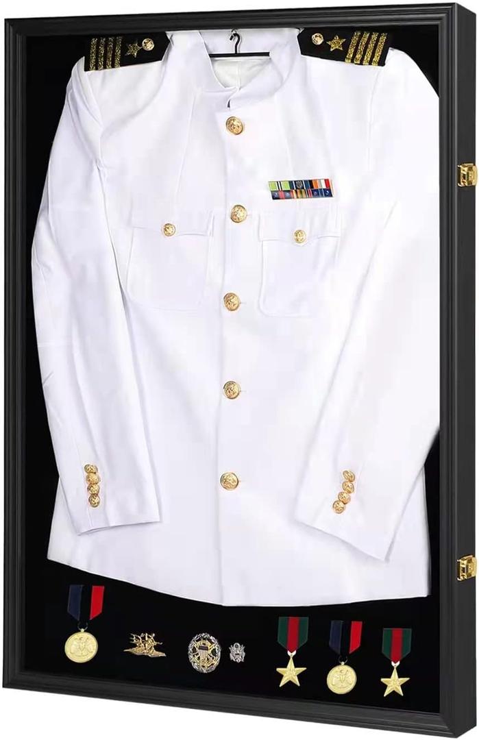 Iheipye Military Uniform Shadow Box - Police Uniform Display Case - Jacket Display Box with 98% Uv Protection Acrylic and Hanger for Navy Police Officer Uniform Jacket XXL Sport Shirt, Black