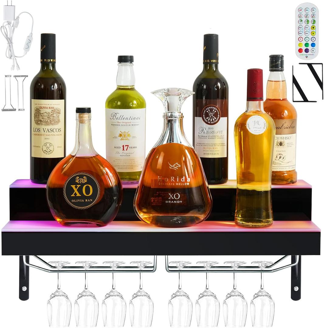 LED Lighted Liquor Bottle Display Shelf Wall Mount Wine Rack, 2 Tiers 24Inch Bar Bottle Display Shelf with Glass Holder Remote and App Control for Home Bar Party Whiskey Coffee Bottles Display