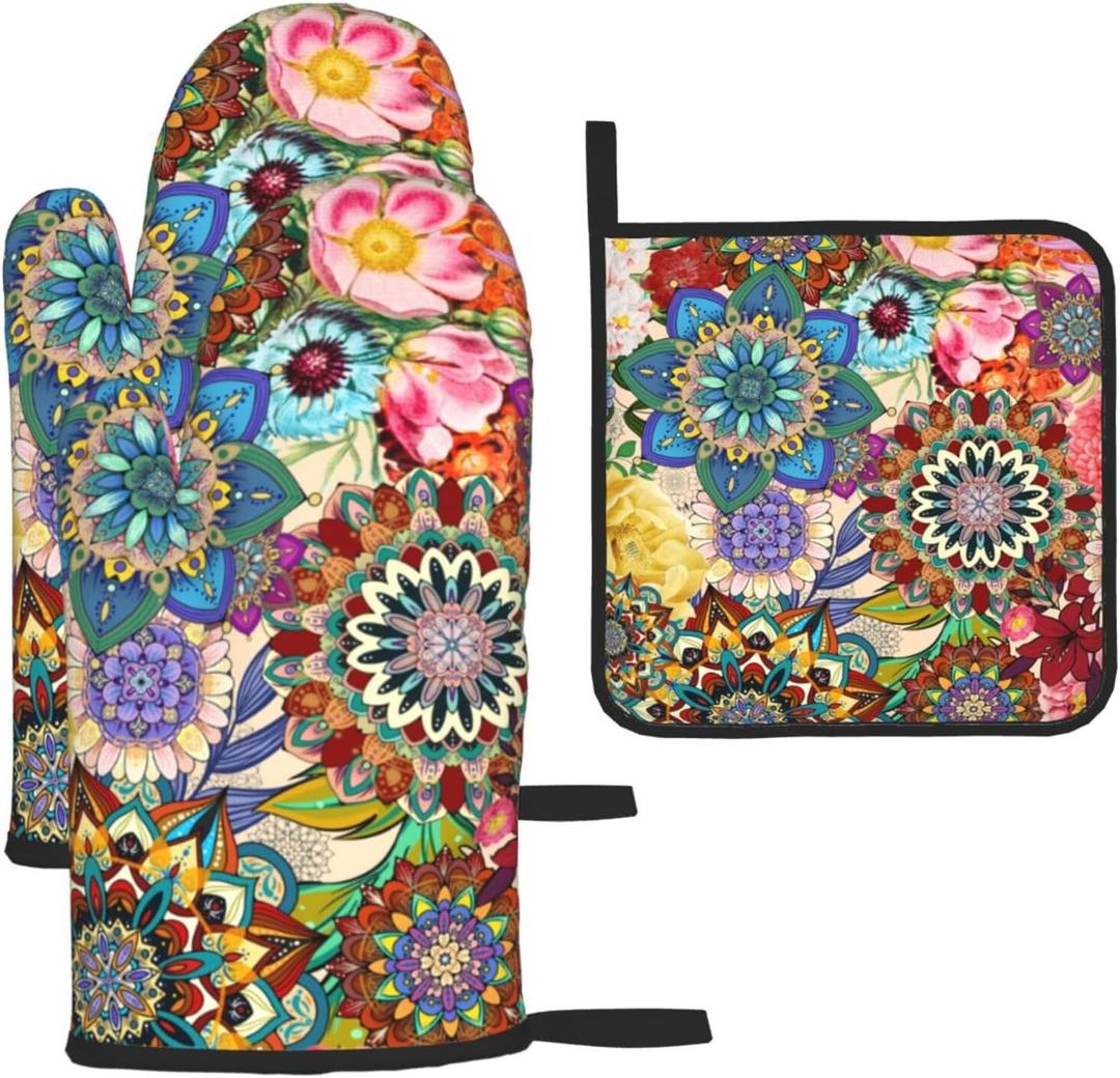 Boho Floral Oven Mitts and Pot Holders Sets, Heat Resistant Colorful Kitchen Gloves Hot Pads, Cute Baker Stuff, Chef Cooking Baking Gifts for Women Bakers, Kitchen Gifts for Cooking Lover Cooks Mom