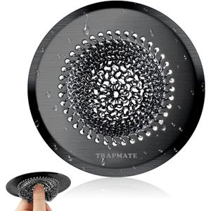 TRAPMATE Sink Drain Strainer, Reversible Chain Mesh Kitchen Sink Drain Strainer, Easy Clean 304 Stainless Steel Sink Strainer for Food Catcher Garbage Disposal, Black